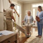 Older adult using a stair lift at home with a technician taking measurements and a caregiver reviewing paperwork about insurance and funding options