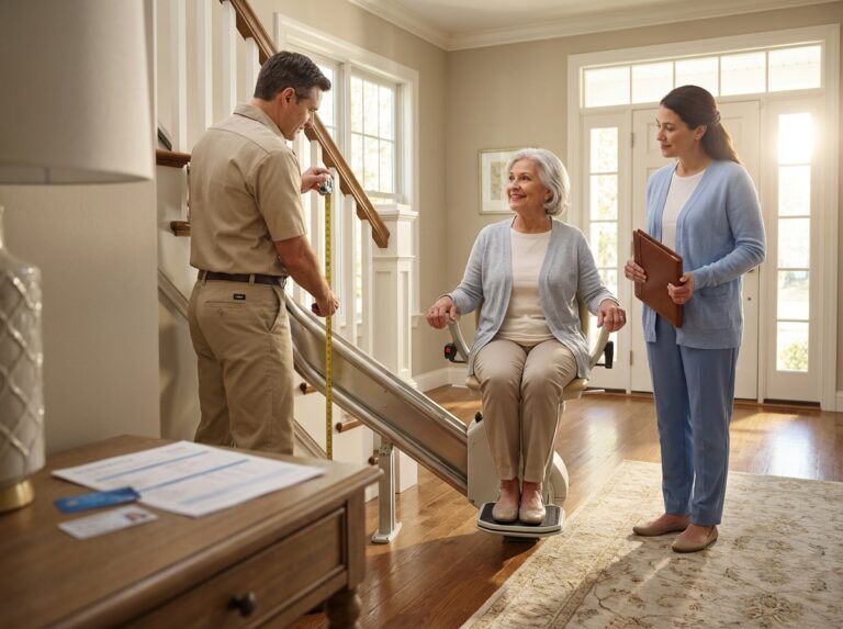 Older adult using a stair lift at home with a technician taking measurements and a caregiver reviewing paperwork about insurance and funding options