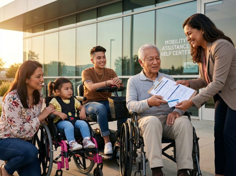Diverse adults and a child with wheelchairs and a mobility scooter receiving assistance from a caseworker who holds application forms and an insurance card outside a community mobility assistance center
