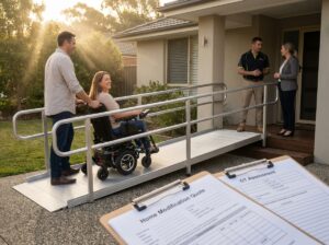 Aluminum residential ramp with wheelchair user, caregiver and contractor reviewing documents at a suburban home entrance