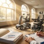 Mobility scooter and power wheelchair side by side with Medicare card, clinician and therapist reviewing mobility assessment in a U.S. clinic