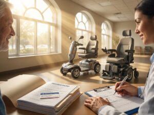 Mobility scooter and power wheelchair side by side with Medicare card, clinician and therapist reviewing mobility assessment in a U.S. clinic