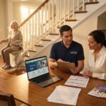 Older adult using a stairlift at home while a technician and caregiver review insurance paperwork and a laptop shows Medicare.gov
