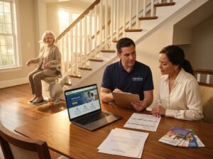 Older adult using a stairlift at home while a technician and caregiver review insurance paperwork and a laptop shows Medicare.gov