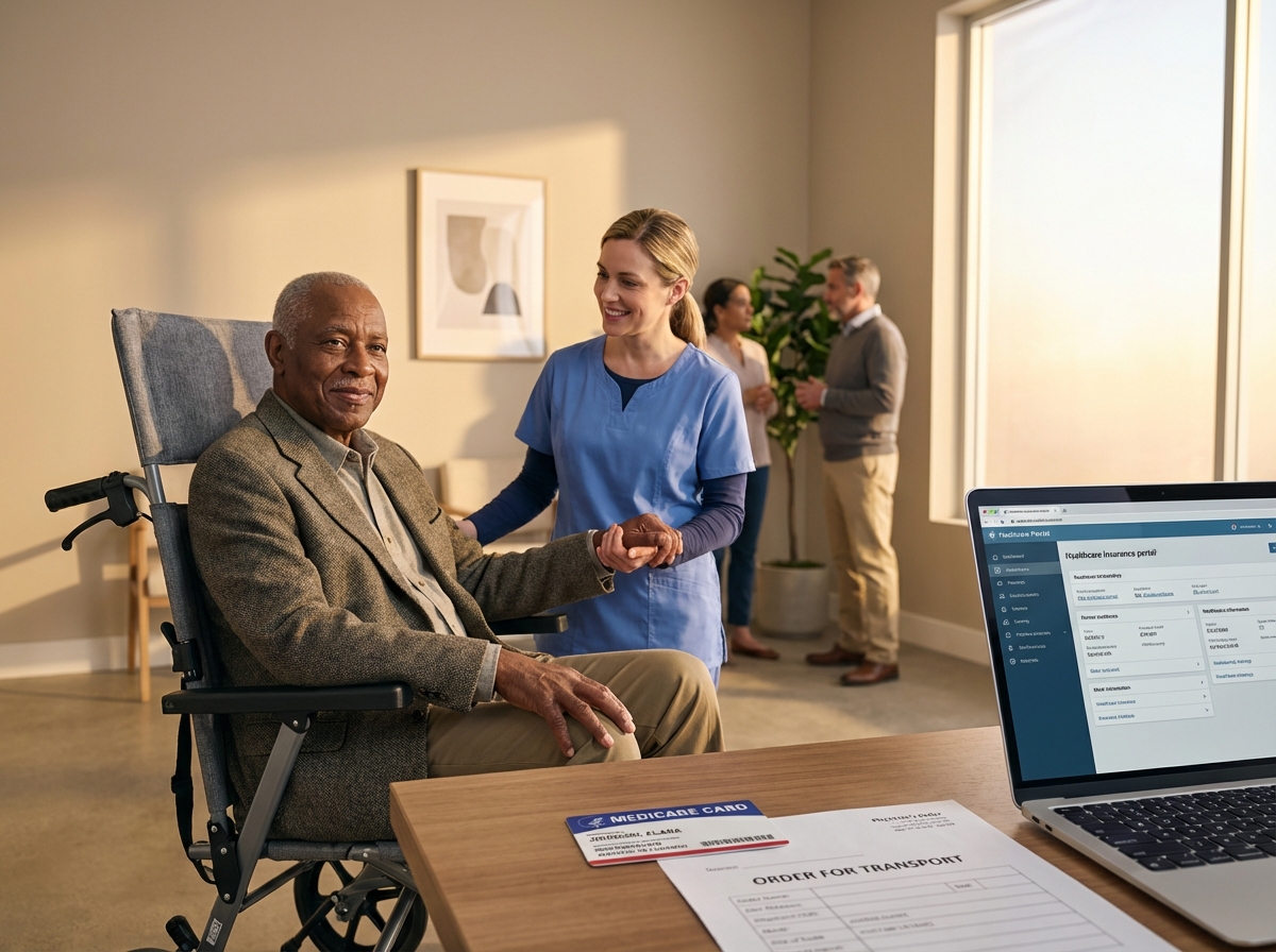 Elderly person in a transport chair with caregiver, Medicare card and paperwork on table illustrating insurance coverage and documentation for mobility equipment