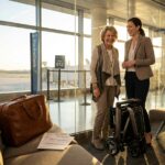 Lightweight foldable travel scooter partially folded in a U.S. airport terminal beside luggage and medical paperwork, with a smiling older adult and caregiver.