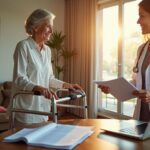Middle-aged person using an upright walker at home while a clinician reviews insurance paperwork and a DME supplier brochure on a laptop
