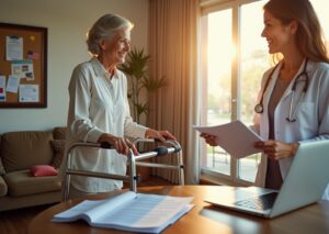 Middle-aged person using an upright walker at home while a clinician reviews insurance paperwork and a DME supplier brochure on a laptop