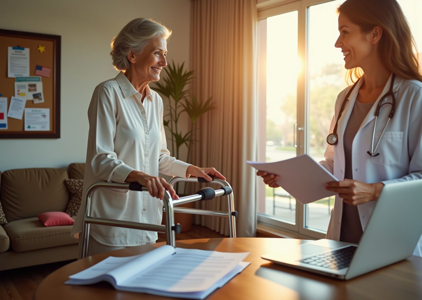 Middle-aged person using an upright walker at home while a clinician reviews insurance paperwork and a DME supplier brochure on a laptop