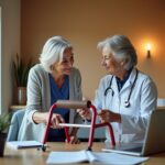 Older adult and caregiver comparing a standard walker and a rollator beside Medicare paperwork and a laptop showing Medicare.gov