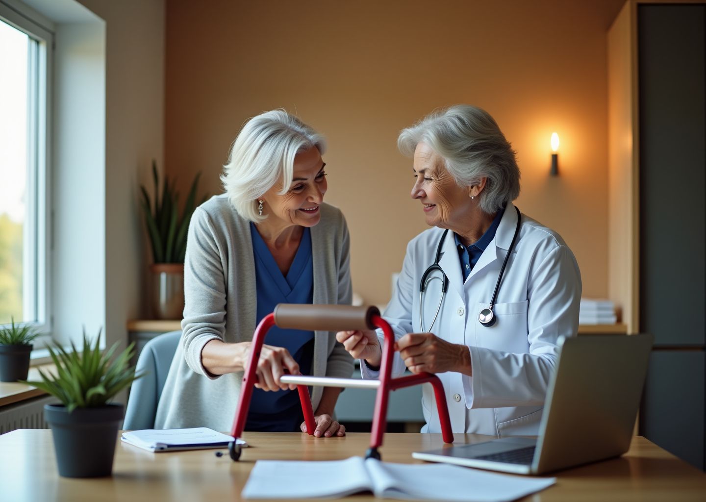 Older adult and caregiver comparing a standard walker and a rollator beside Medicare paperwork and a laptop showing Medicare.gov