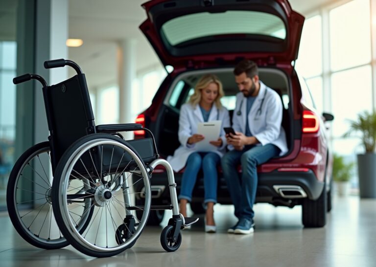 Folding travel power wheelchair by a car trunk and airport area with clinician and caregiver reviewing Medicare and insurance paperwork