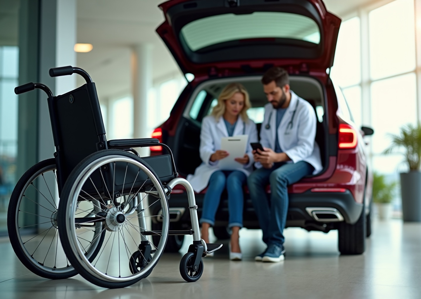 Folding travel power wheelchair by a car trunk and airport area with clinician and caregiver reviewing Medicare and insurance paperwork