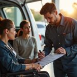 Technician inspecting a used power wheelchair and scooter at a medical equipment shop with Medicare paperwork on a tablet and an accessible vehicle lift visible in the background