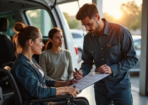 Technician inspecting a used power wheelchair and scooter at a medical equipment shop with Medicare paperwork on a tablet and an accessible vehicle lift visible in the background