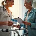 Two older adults using a standard walker and a rollator side-by-side in a clinic with a Medicare card and a mobility checklist on a clipboard in the foreground