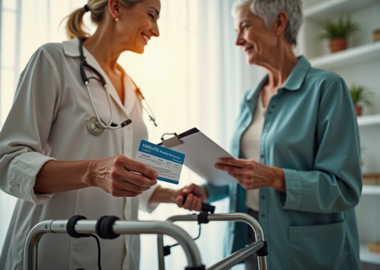 Two older adults using a standard walker and a rollator side-by-side in a clinic with a Medicare card and a mobility checklist on a clipboard in the foreground