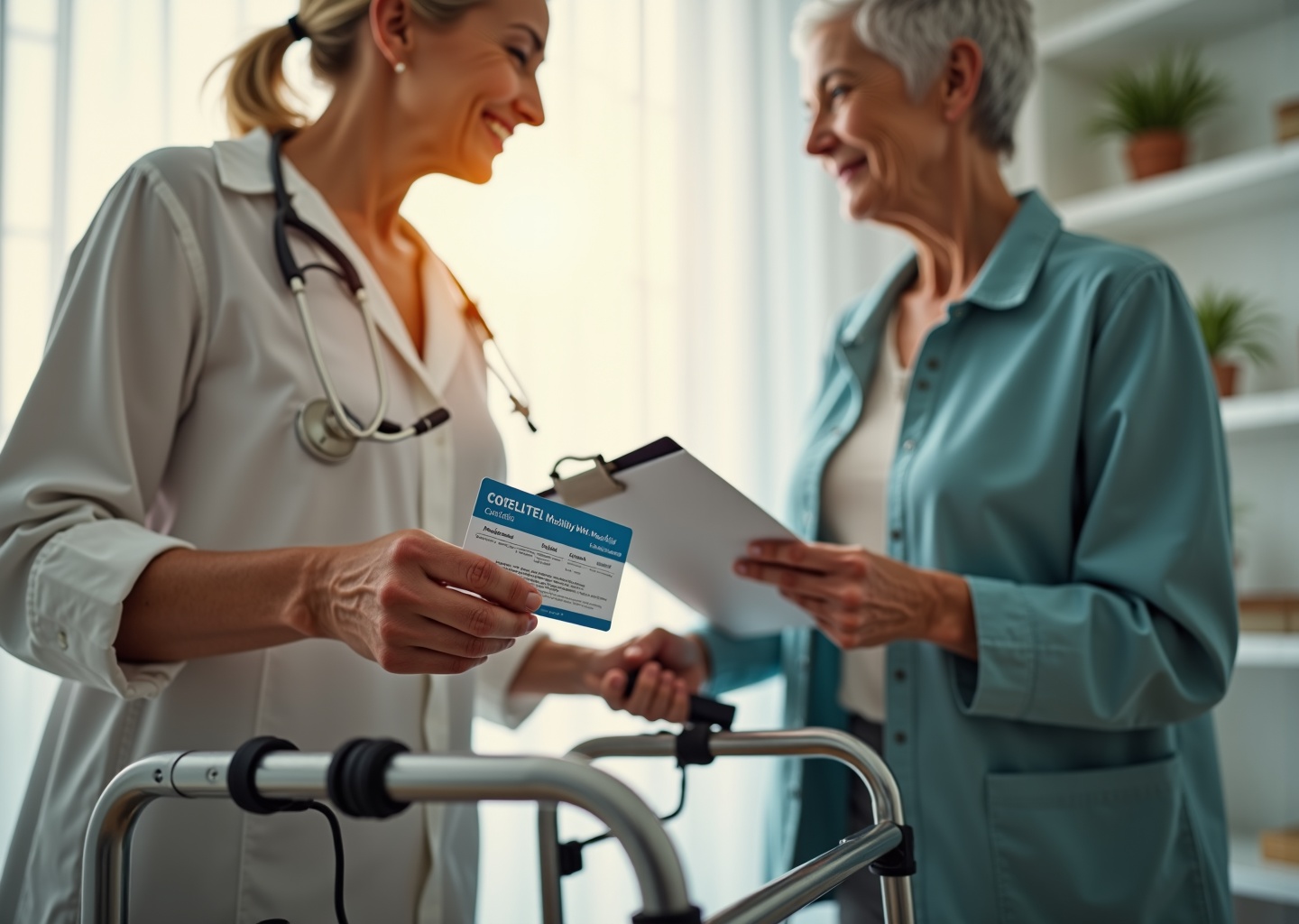 Two older adults using a standard walker and a rollator side-by-side in a clinic with a Medicare card and a mobility checklist on a clipboard in the foreground