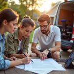 Patient caregiver and mobility supplier reviewing wheelchair rental agreement beside a delivery van with wheelchair and scooter visible