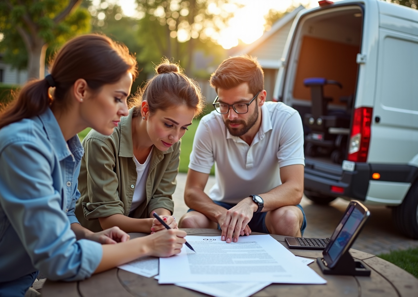 Patient caregiver and mobility supplier reviewing wheelchair rental agreement beside a delivery van with wheelchair and scooter visible