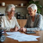 Clinician and older adult comparing a power scooter and a power wheelchair at a kitchen table with insurance forms and a tablet showing a prior authorization checklist