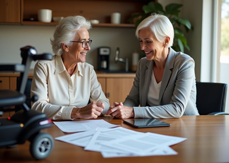 Clinician and older adult comparing a power scooter and a power wheelchair at a kitchen table with insurance forms and a tablet showing a prior authorization checklist