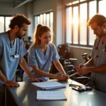 Volunteers and clinician inspecting used wheelchairs at a community reuse center with paperwork and a technician charging a power wheelchair battery