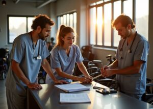 Volunteers and clinician inspecting used wheelchairs at a community reuse center with paperwork and a technician charging a power wheelchair battery