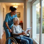 Older adult in a transport wheelchair being assisted by a caregiver indoors with visible Medicare card and paperwork on a clipboard