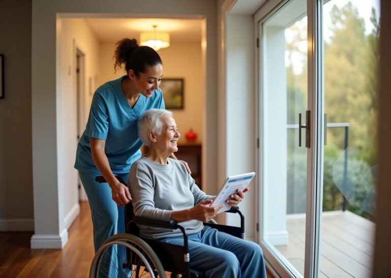 Older adult in a transport wheelchair being assisted by a caregiver indoors with visible Medicare card and paperwork on a clipboard